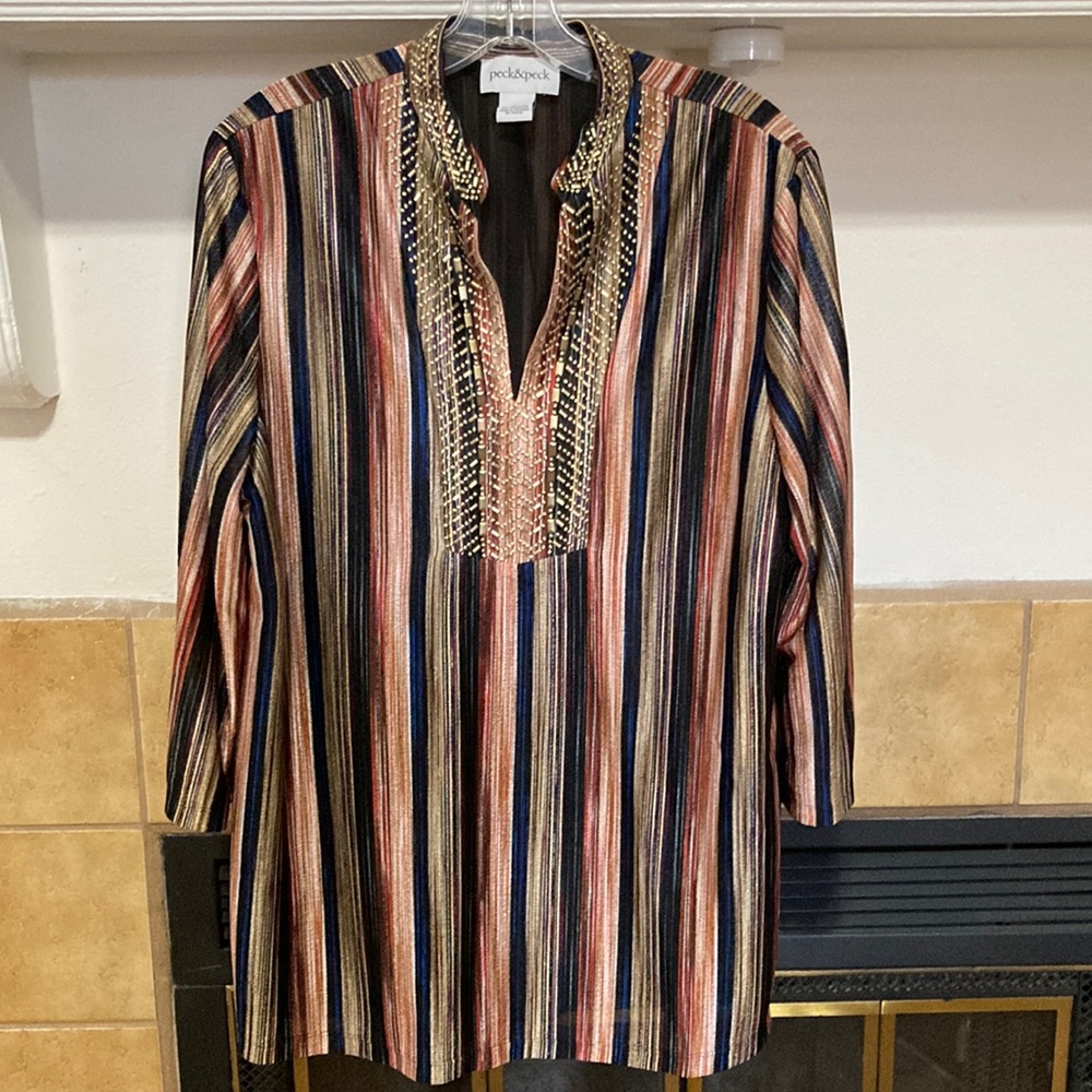 Peck & Peck Women’s Tunic Length Striped Dress Blouse (size L)